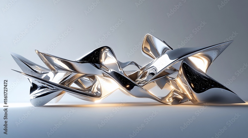 Fototapete abstract chrome sculpture with flowing, dynamic forms illuminated from below against a light gray ba