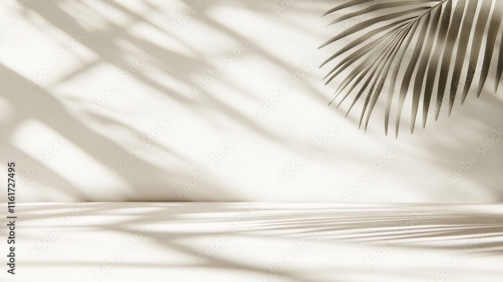 Aufkleber Minimalist beige background with palm leaf shadow and empty surface.