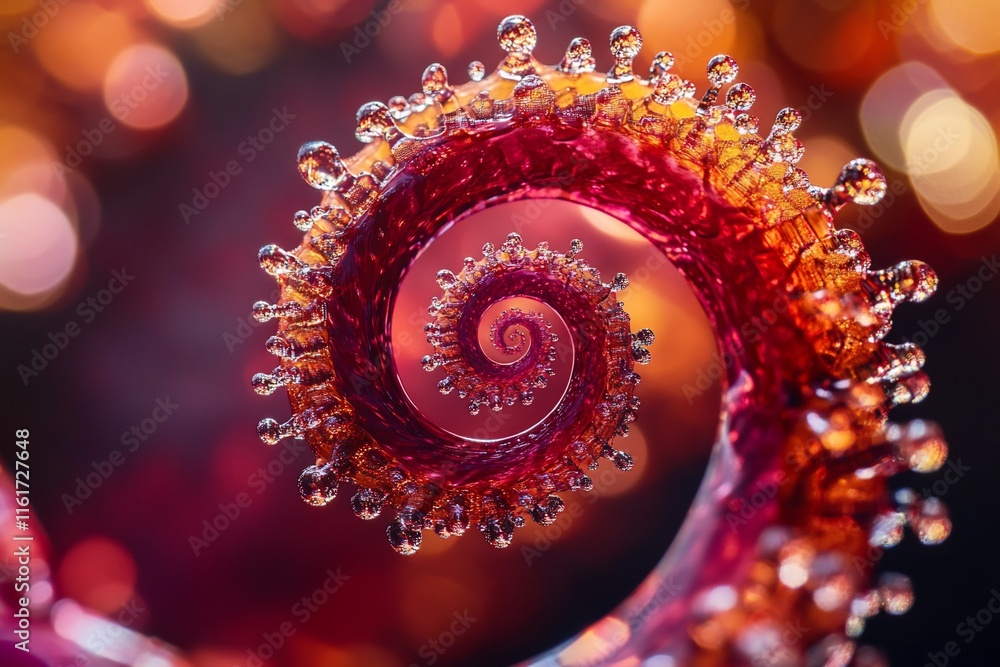 Poster abstract spiral form with red and orange hues, detailed texture, bokeh background.