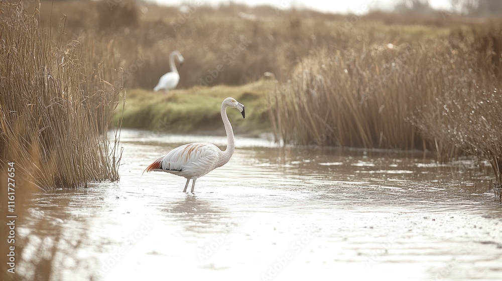 Poster a serene wetland scene featuring a flamingo wading in water with another bird in the background.