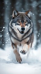 Fototapeta premium A wolf running through snowy terrain, showcasing its strength and agility in a winter landscape.