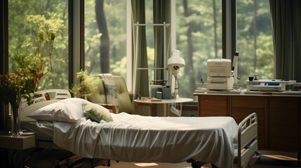 Calm Hospital Room: Bed with IV Drip, Patient Charts, and Natural Light Through the Window.
