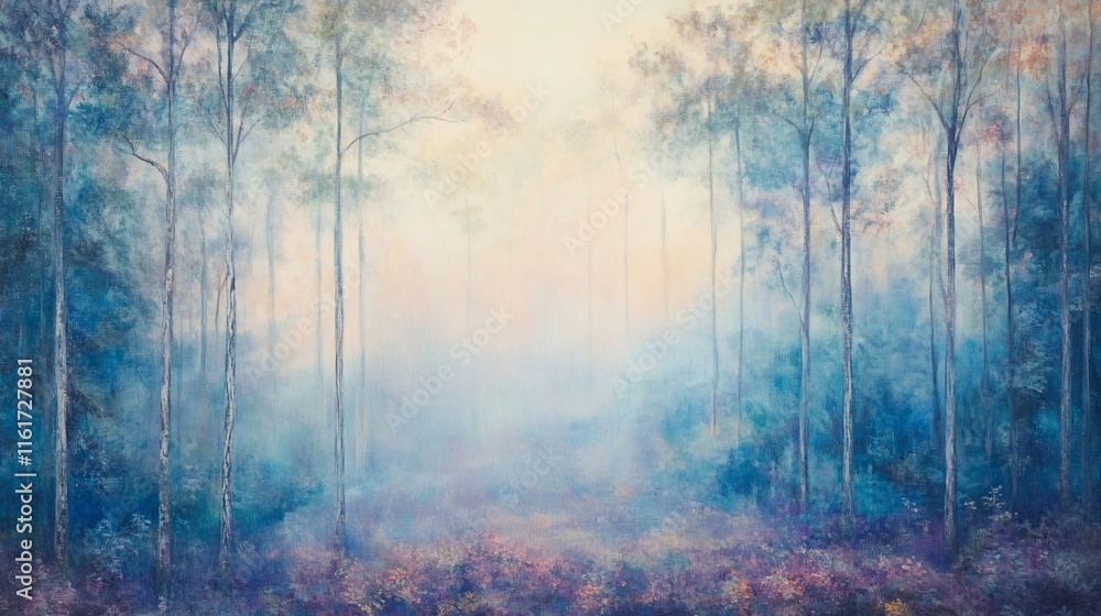Poster misty forest scene at dawn, soft light filtering through tall trees, creating a serene and ethereal 