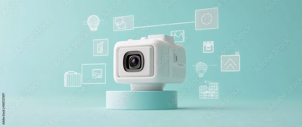 Poster white cube camera on stand with digital icons.