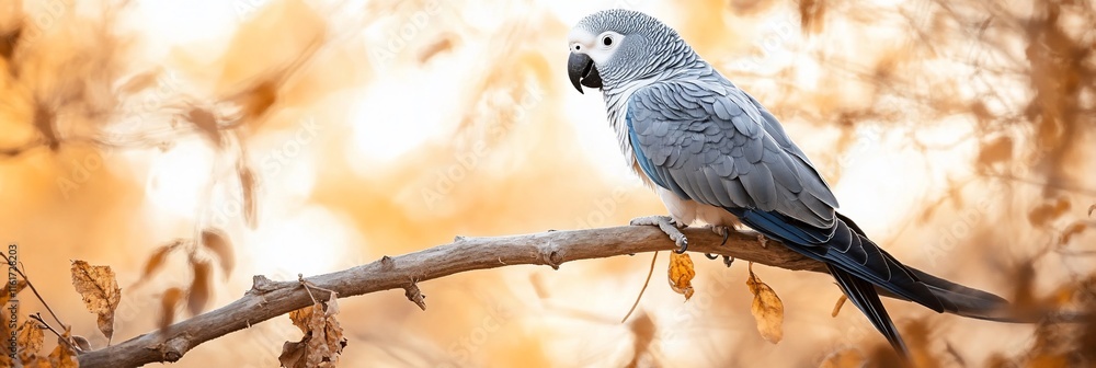 Poster grey parrot perched on a branch against a blurred autumnal background.