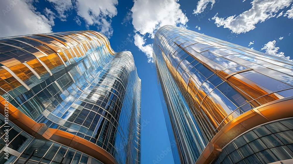 Poster low-angle view of two modern skyscrapers reflecting sunlight and clouds on a bright day.