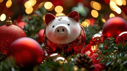 A Christmas-themed piggy bank surrounded by festive decorations, symbolizing holiday savings.