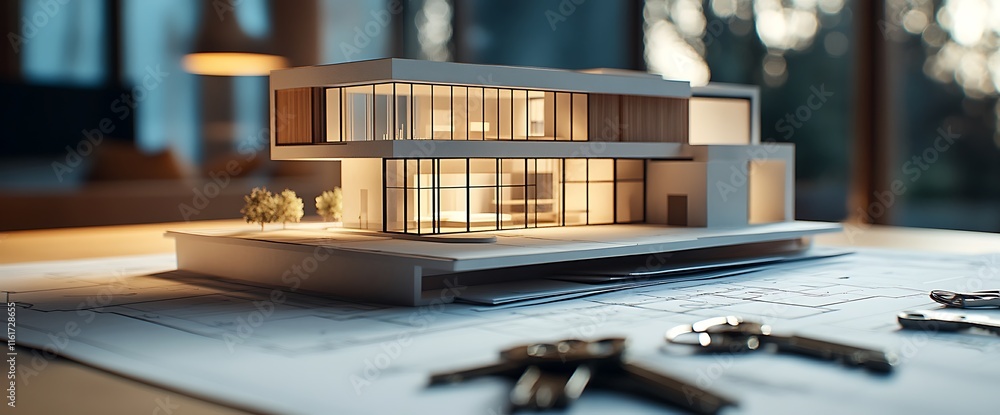 Poster a modern architectural model displayed on blueprints with keys nearby.