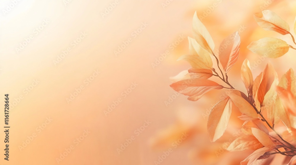 Poster soft light illuminates delicate peach-colored autumn leaves on a branch.