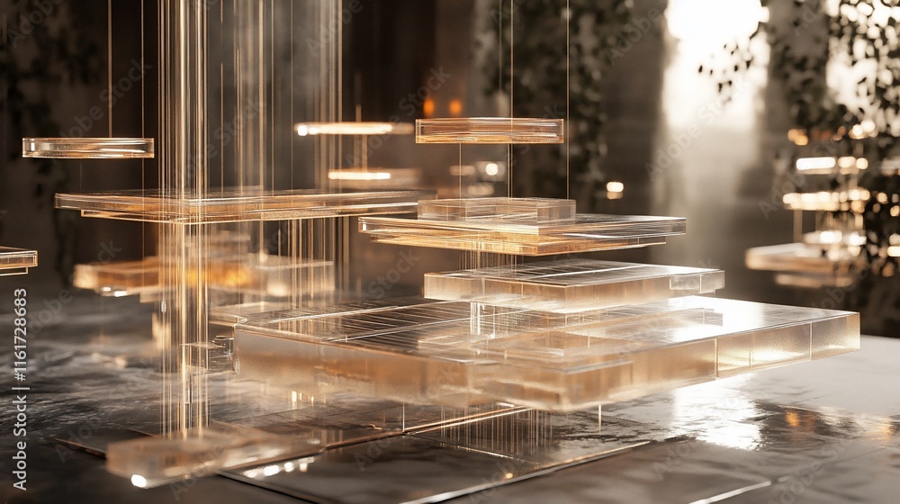 Aufkleber abstract glass architecture installation with warm lighting and plant elements.