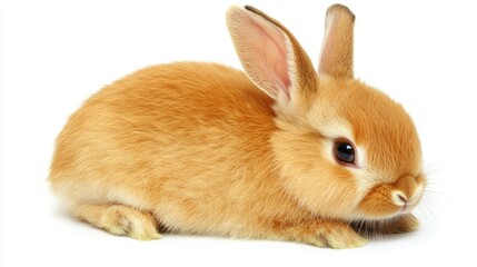 Obraz premium A cute, fluffy rabbit resting peacefully on a white background.