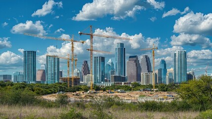 A city skyline with cranes and construction, representing recovery in the economy.