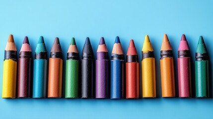 Colorful used crayons in a horizontal row against a light blue background.