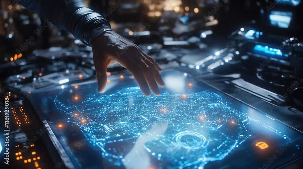 Poster hand interacting with futuristic holographic city map interface.
