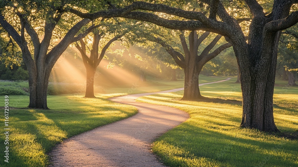 Poster sunbeams illuminate a winding path through a lush green park, creating a serene and peaceful atmosph