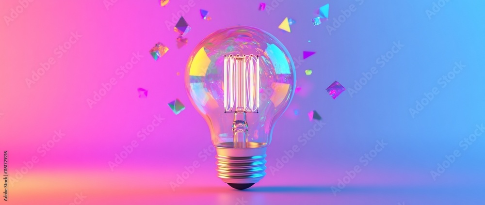 Poster glowing lightbulb with colorful geometric shapes.