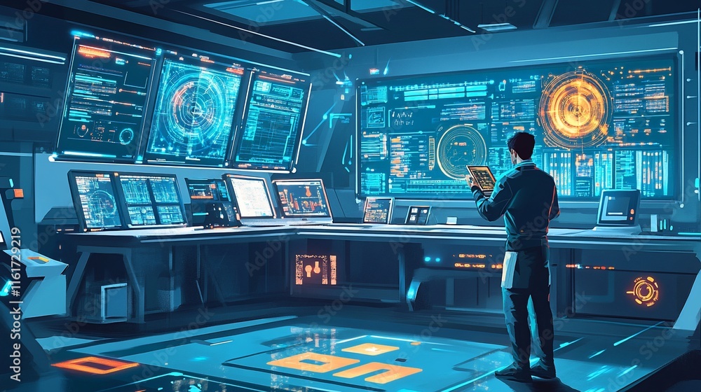 Aufkleber Futuristic control room with a man monitoring multiple screens displaying data and graphs.