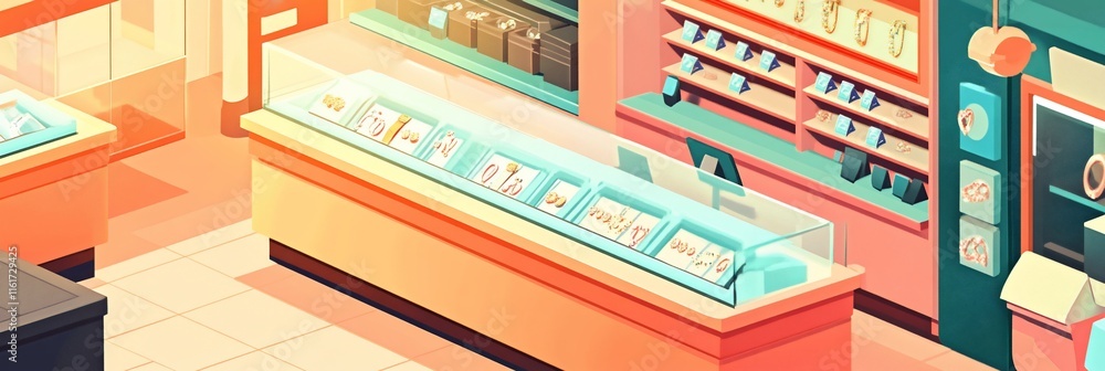 Poster isometric view of a brightly lit convenience store interior with various products on shelves and cou