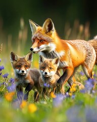 Fototapeta premium A mother fox and her two kits play in a colorful wildflower meadow.