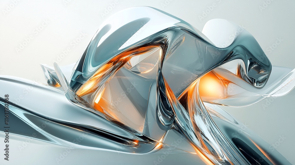 Poster abstract metallic sculpture with flowing, swirling forms and warm inner glow.