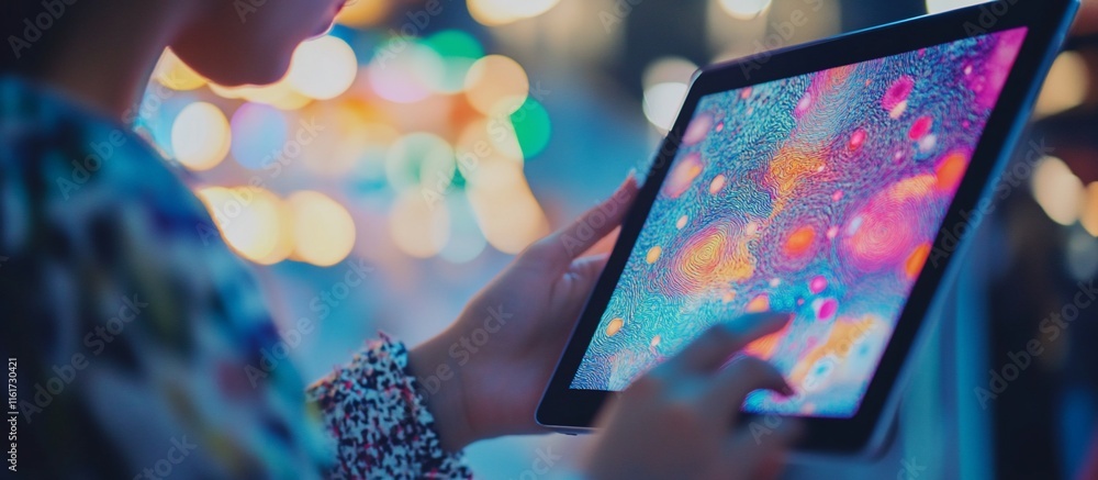 Poster Woman using tablet displaying colorful abstract art at night.