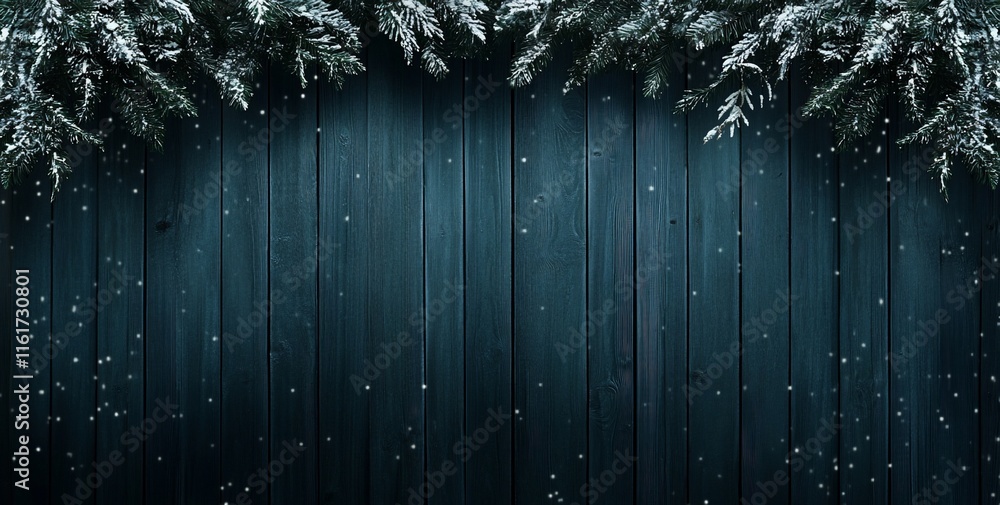 Poster snowy pine branches frame a dark teal wood background; falling snow effect.