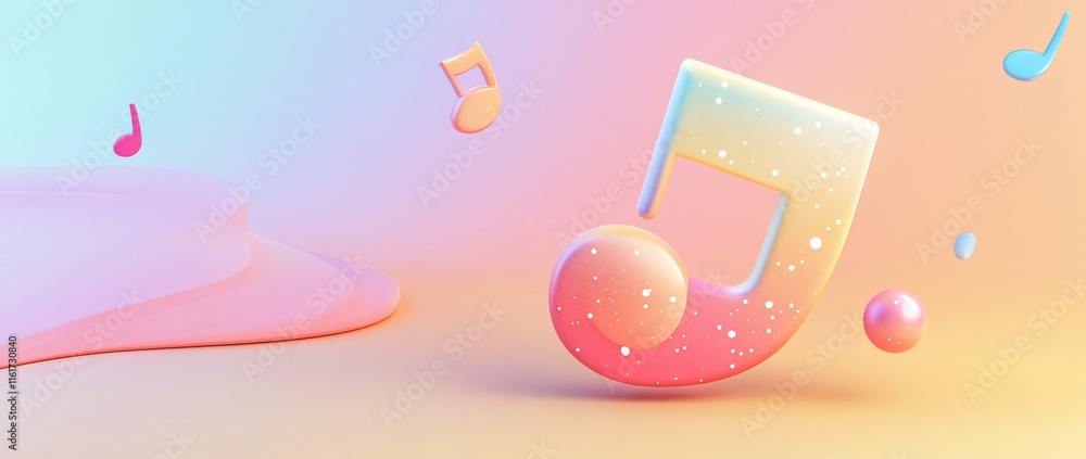 Poster pastel-colored musical note with sparkles on a soft background.