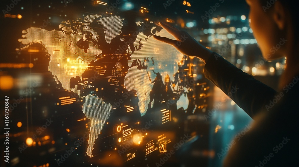 Poster Person interacts with a holographic world map displaying data points and glowing city lights.
