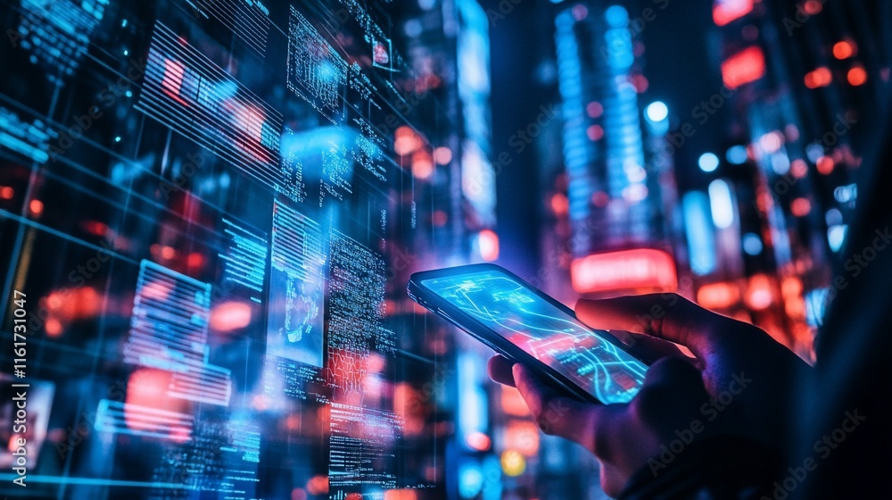 Poster person using smartphone, data streams and city lights background.