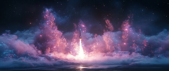 Rocket launching through vibrant pink and blue clouds at night.