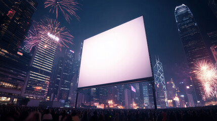 A futuristic glowing cube in a cityscape surrounded by a crowd at night, with fireworks celebrating the moment.
