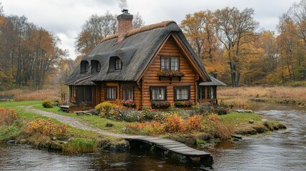 A charming wooden cottage by a river, surrounded by autumn foliage and flowers.