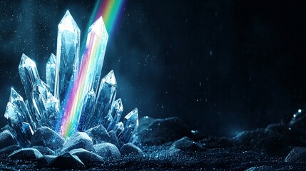 beam of light shining through a crystal prism, producing a vivid rainbow effect across a dark background. The colors are sharp and dynamic, with room for text or branding. [Light]:[Prism] 