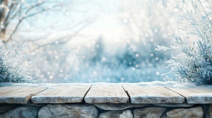 Snowy winter scene with wooden planks on a stone wall, perfect for product display.