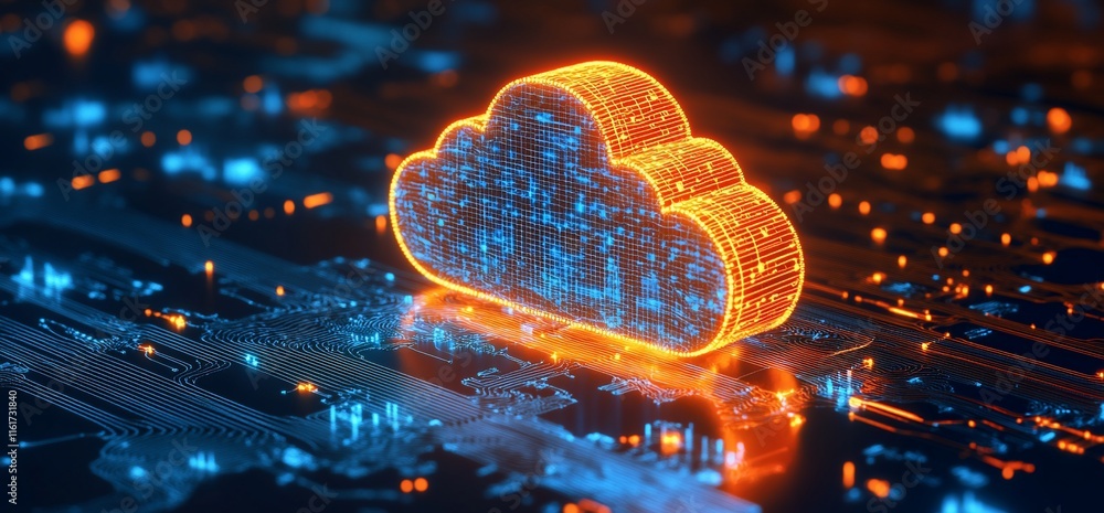 Poster digital cloud symbol over a circuit board, representing cloud computing.