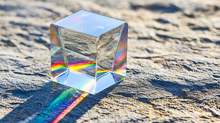 crystal prism placed on a textured surface, with light refracted into a series of colorful rays. The soft shadows and gentle hues leave space for text at the top or bottom of the image. [Light]:[Prism
