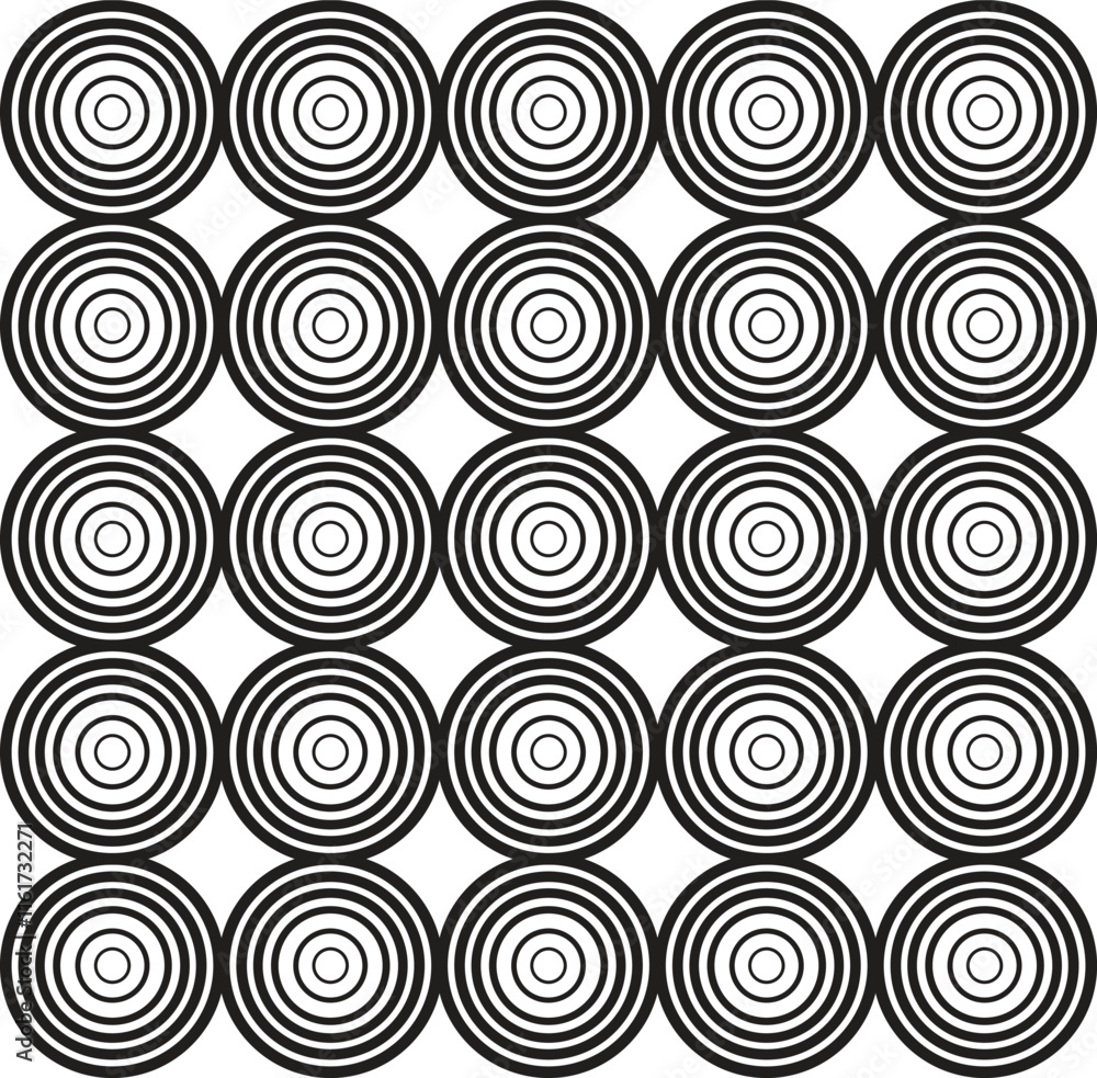 Poster a black and white image of circles. the circles are all different sizes and are arranged in a grid