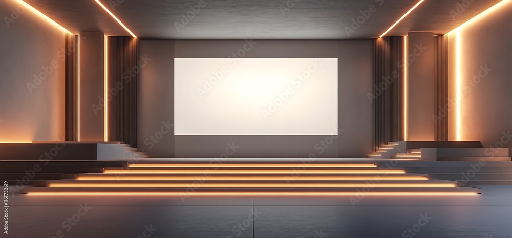 Poster a modern stage with a blank screen and illuminated steps for presentations.