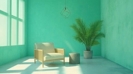 Light-filled room with armchair, potted plant, and geometric pendant light.