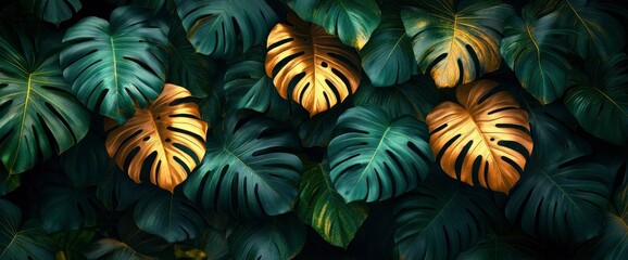 Naklejka premium Luxurious Golden and Emerald Green Monstera Leaves Background