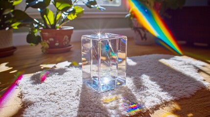 prism and light experiment, integrated with an image of colorful rays, representing educational demonstration. | [Light]:[Prism] 