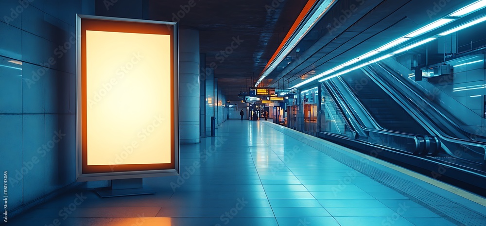 Poster a modern subway station featuring an empty advertisement space and escalators.
