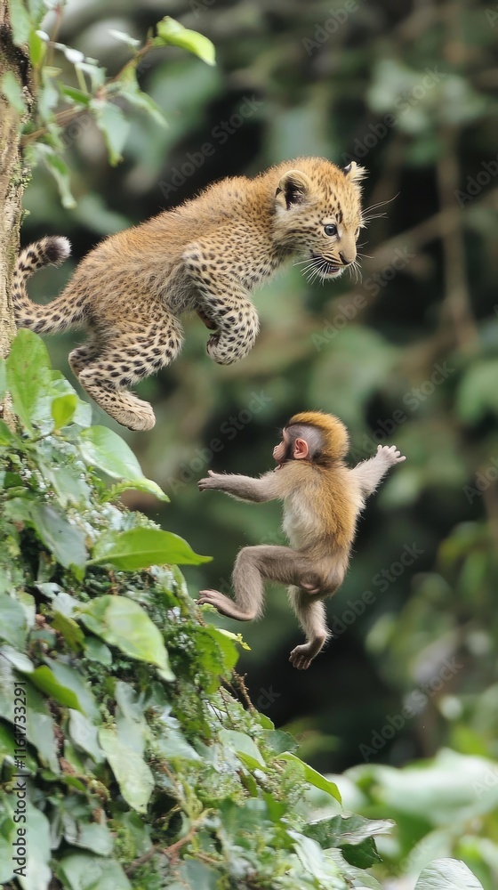 Poster a playful interaction between a leopard cub and a monkey amidst lush greenery.