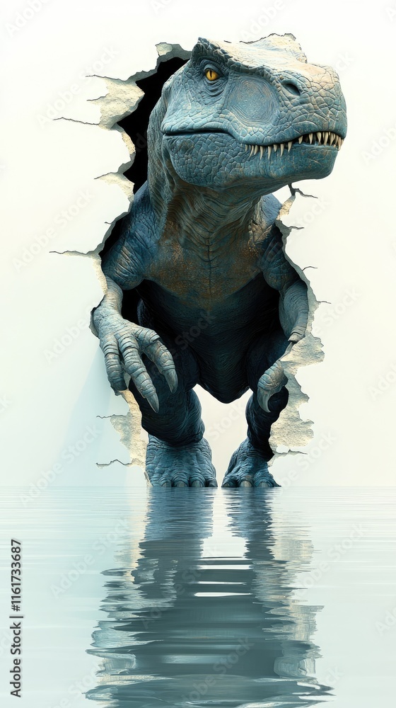 Poster a dinosaur emerging from a wall, creating a surreal and dramatic visual effect.