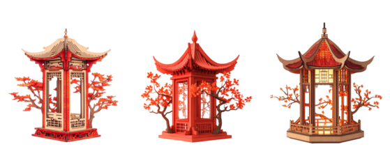 Chinese style red lantern, traditional Chinese architecture style, on white background.
