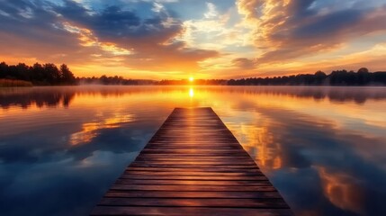 Obraz premium Serene Sunrise over Calm Lake with Wooden Dock