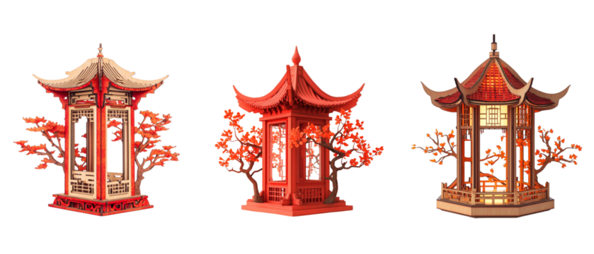 Chinese style red lantern, traditional Chinese architecture style, on white background.