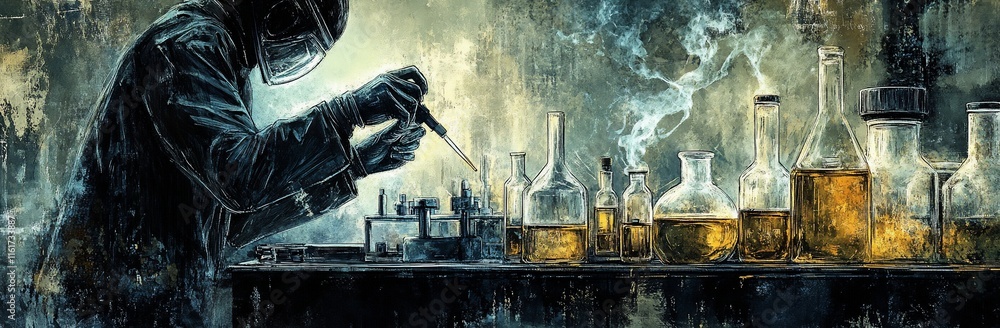 Aufkleber scientist in hazmat suit conducting experiment in smoky lab with various glassware.