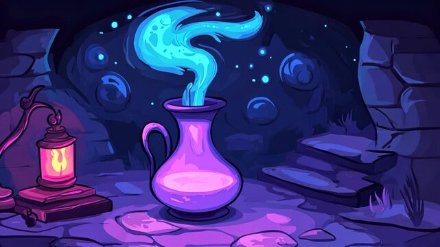 Glowing potion with swirling smoke in a mystical underground setting at night