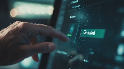 The scene shows a clean, modern screen with the large word  Access Granted  on the screen with green color accent, The person’s hand hovers over the screen,  